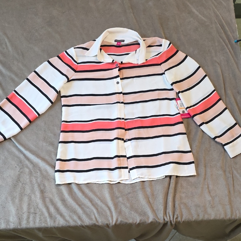 NWT! Vince Camuto Women's Striped Blouse - Pink, White, and Black